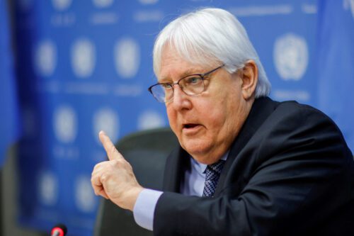 លោក Martin Griffiths អគ្គលេខាធិការរងទទួលបន្ទុកកិច្ចការមនុស្សធម៌ និងអ្នកសម្របសម្រួលជំនួយសង្គ្រោះបន្ទាន់ ប្រាប់អ្នកសារព័ត៌មានអំពីស្ថានភាពមនុស្សធម៌នៅអ៊ុយក្រែន នៅទីស្នាក់ការអង្គការសហប្រជាជាតិ នៅទីក្រុងញូវយ៉ក សហរដ្ឋអាមេរិក ថ្ងៃទី១៨ ខែមេសា ឆ្នាំ២០២២។