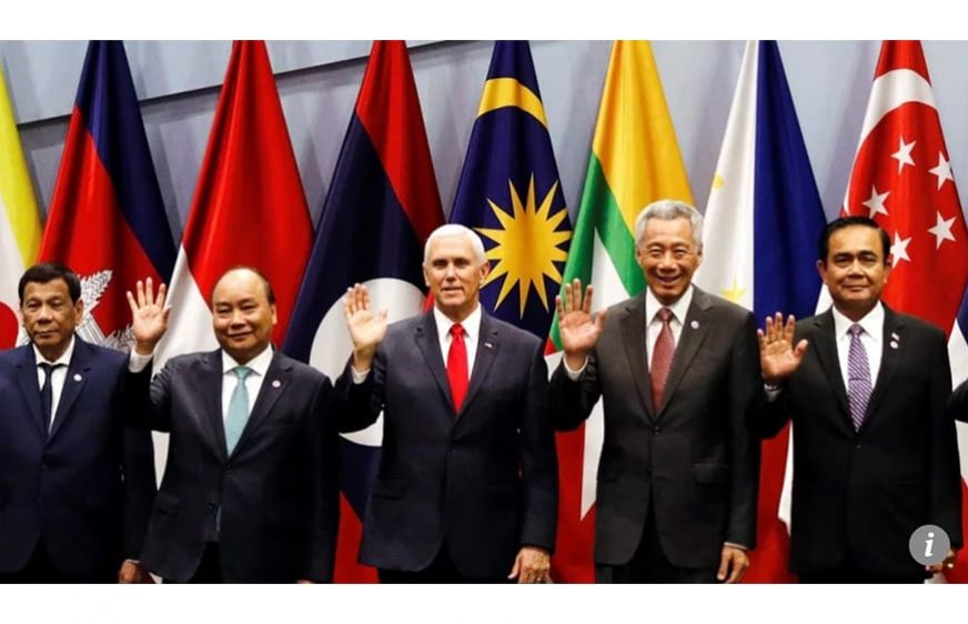 US Vice-President Mike Pence (centre) poses with fellow leaders at the Asean summit in Singapore on Thursday. Photo: Reuters