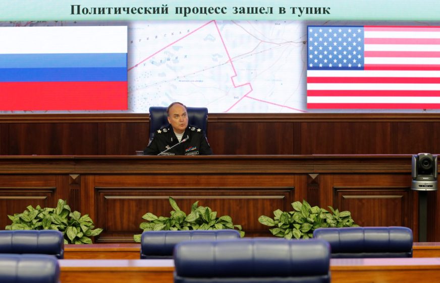 Russian Deputy Defence Minister Anatoly Antonov speaks during a news briefing on the situation in Syria, at the Russian Defense Ministry in Moscow, Russia, October 7, 2016. REUTERS/Maxim Zmeyev