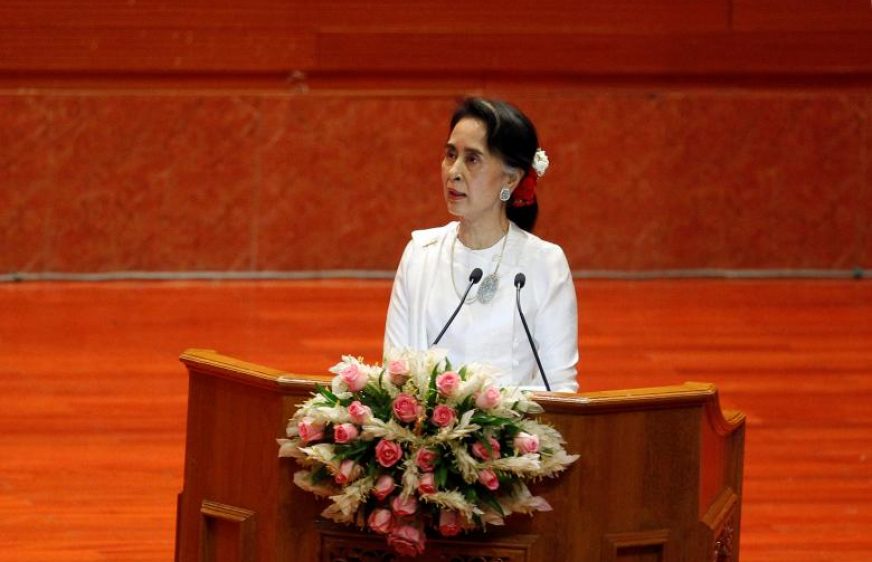 State Counsellor of Myanmar Aung San Suu Kyi addresses the opening ceremony of the 21st Century Panglong Conference in Naypyitaw, Myanmar