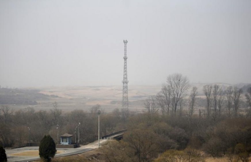 North Korea's surveillance cameras sit on the top of a steel tower to overlook the south near the truce village of Panmunjom