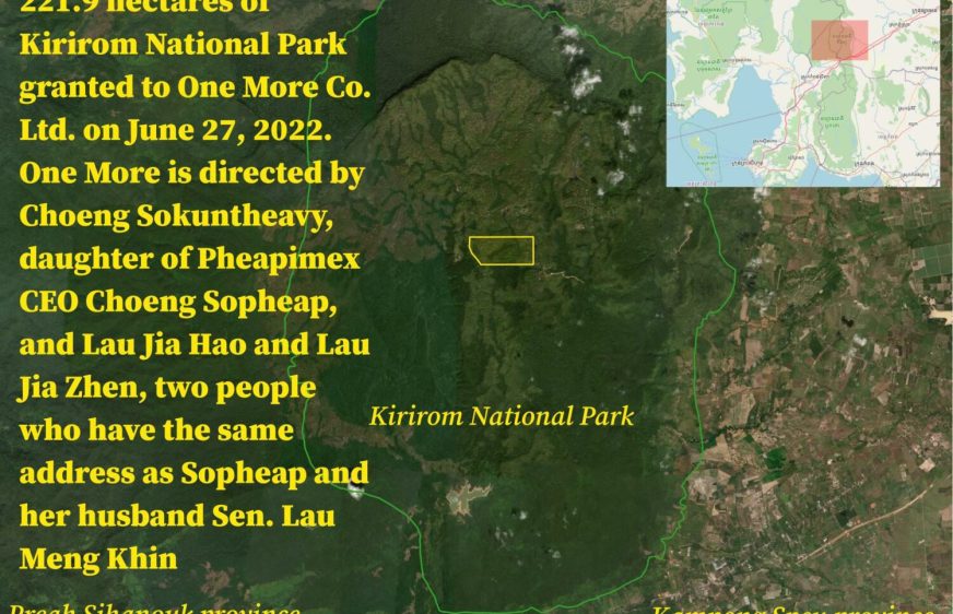 One More Co. Ltd., a firm directed by the Pheapimex CEO’s daughter Choeng Sokuntheavy, received 221.9 hectares of land at the center of Kirirom National Park, according to maps published in late December. (Danielle Keeton-Olsen/VOD)