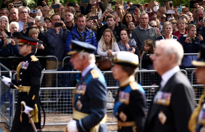 Britain's King Charles, Princess Anne and Prince Andrew march during a procession where the coffin of Britain's Queen Elizabeth is transported from Buckingham Palace to the Houses of Parliament for her lying in state, in London, Britain, September 14, 2022.  REUTERS/Henry Nicholls/Pool     TPX IMAGES OF THE DAY