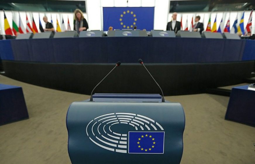 The reading desk is pictured in the plenary room of the European Parliament ahead of a debate in Strasbourg