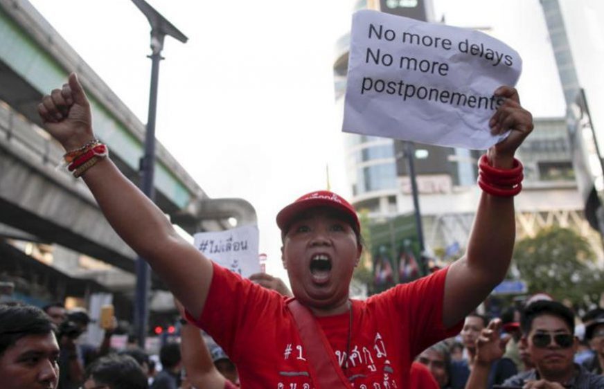 An activist takes part in a Jan. 8 demonstration in Bangkok demanding elections be held on Feb. 24.